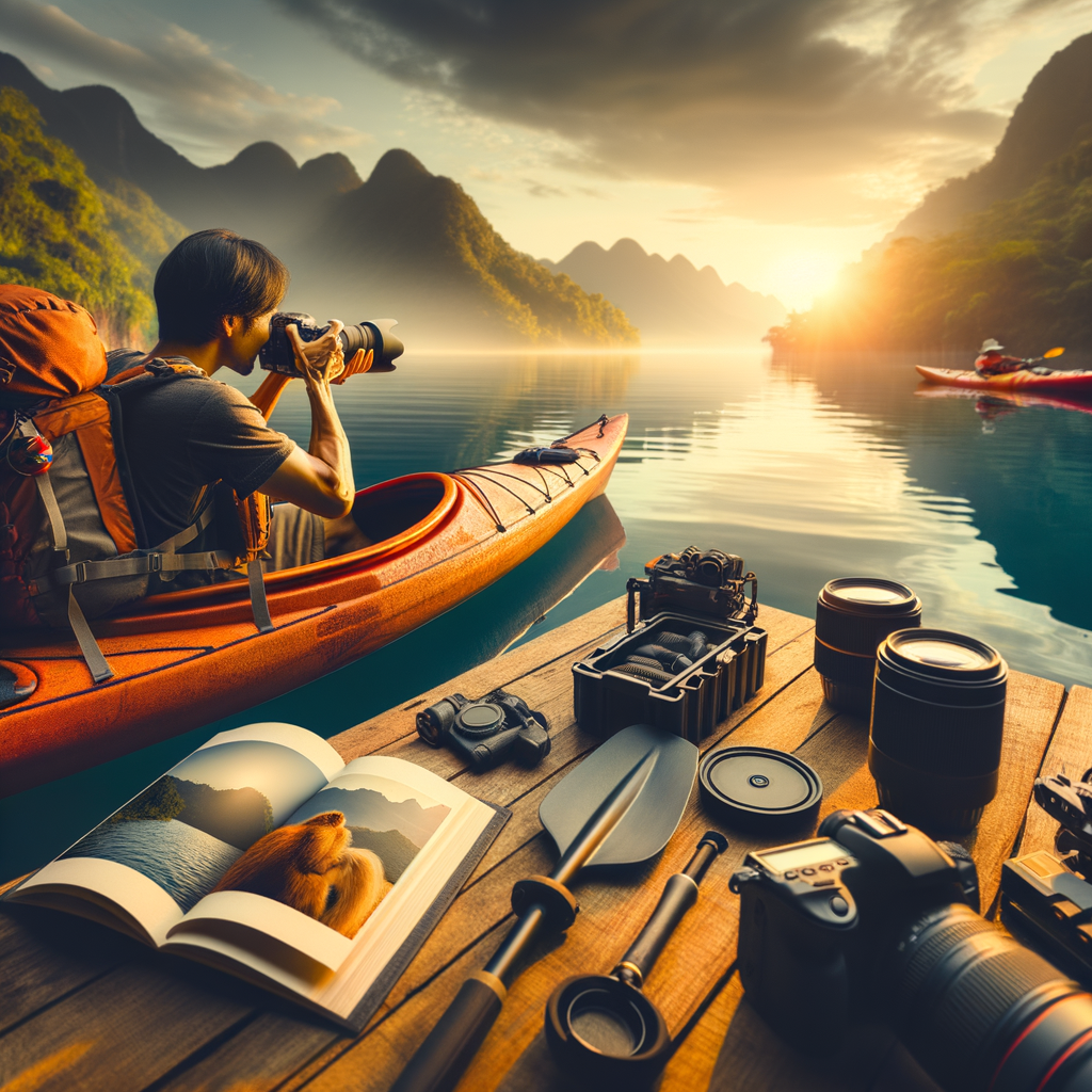 Kayaker using professional camera to capture sunrise over lake, showcasing kayak photography gear and photo journal for documenting kayaking journey, illustrating kayak adventure photography tips and techniques.