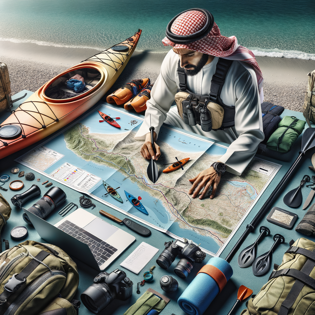 Kayaking adventure guide meticulously planning a kayaking trip on a detailed map, surrounded by outdoor adventure gear for optimal adventure trip mapping and preparation.