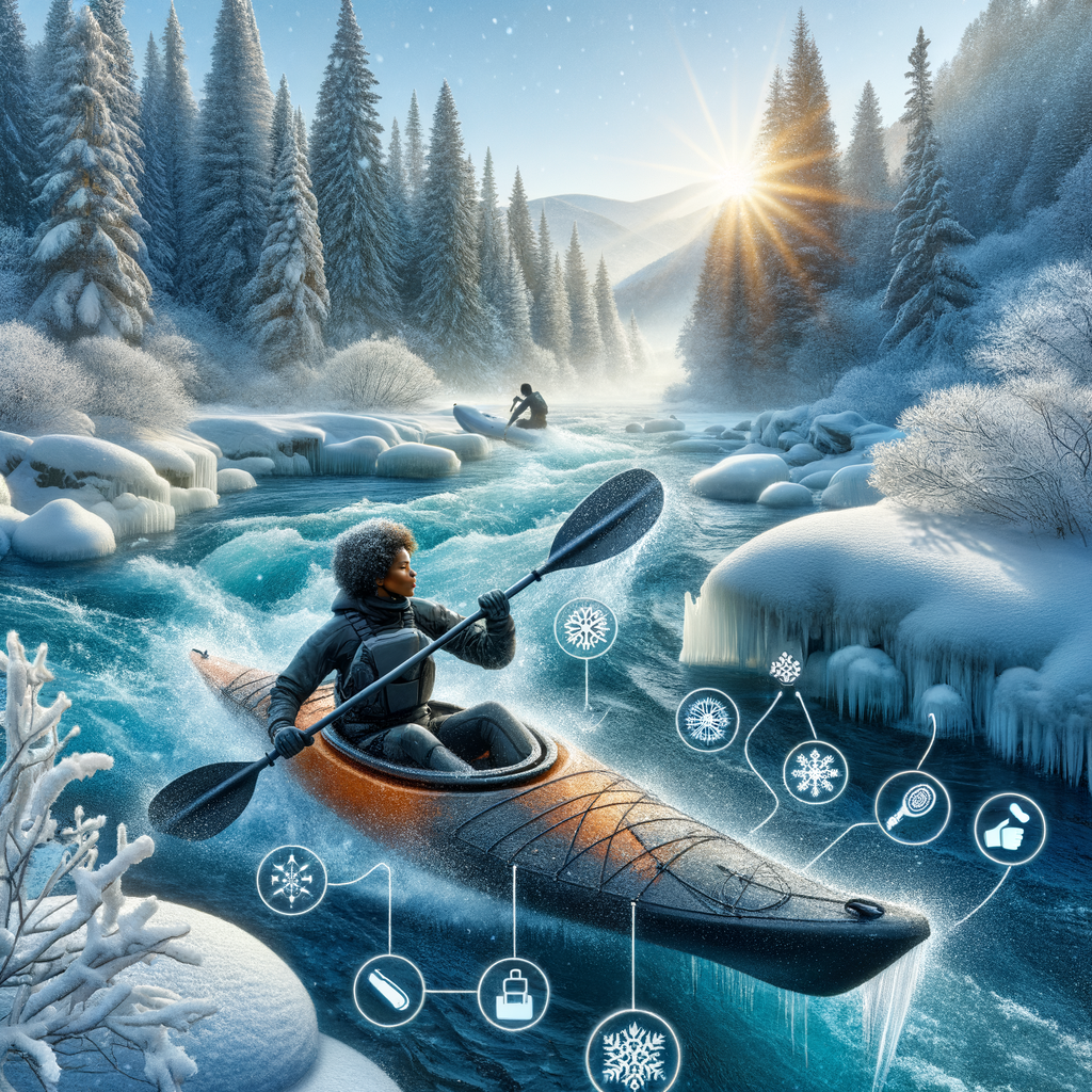 Adventurous winter kayaking scene in a snowy river, showcasing essential cold weather kayaking gear and tips for snowy water activities, highlighting the thrill of winter outdoor activities and kayaking adventures in snowy locations.