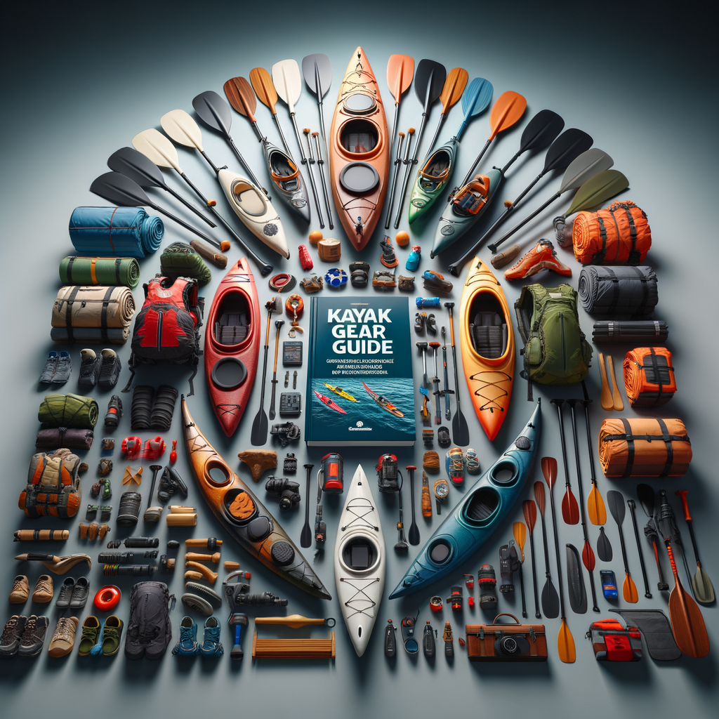 High-quality kayak gear selection including durable paddles, reliable safety equipment, and long-lasting personal items, with 'Kayak Gear Selection Guide' book emphasizing the importance of choosing the best, durable and reliable kayak equipment for quality and durability.