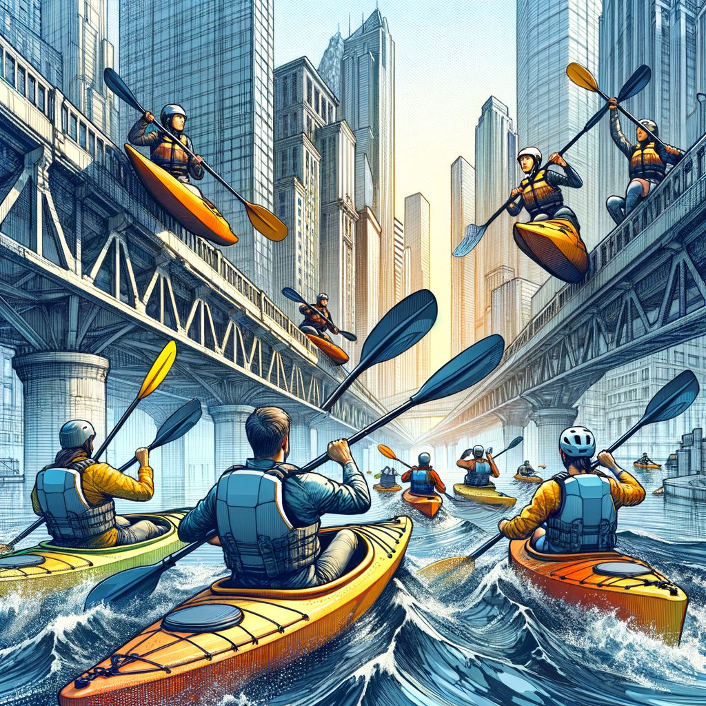 Group of kayakers practicing safe kayaking techniques while exploring city waterways during daylight, embodying the spirit of urban adventure sports and urban kayaking in the cityscape background.