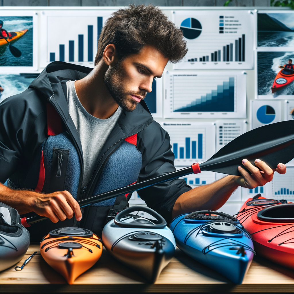Professional kayaker reviewing and assessing best kayaking gear, illustrating equipment analysis for a comprehensive kayak gear evaluation.