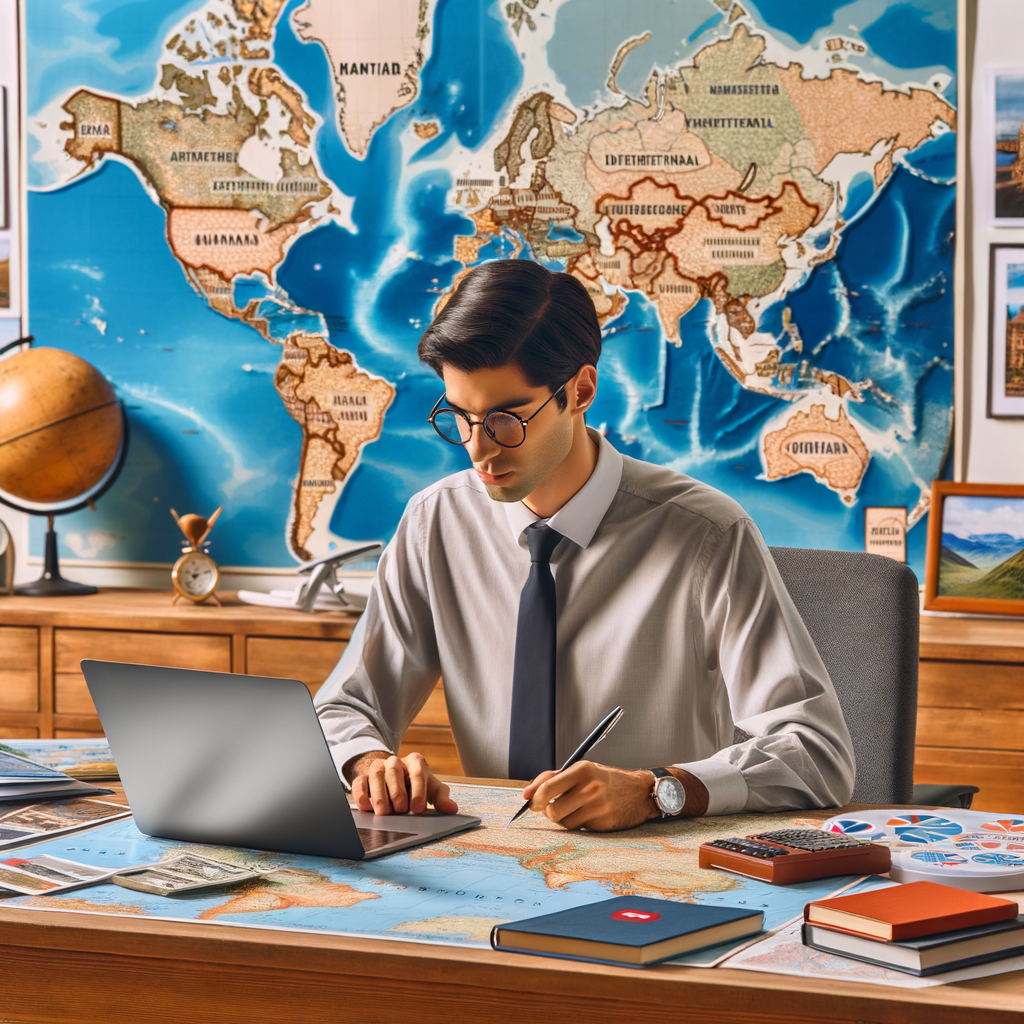 Travel agent engaged in international travel planning and creating an adventure travel abroad itinerary, surrounded by travel guides, international maps, and a checklist, symbolizing tips for traveling abroad, safety measures, and budgeting for trips abroad.