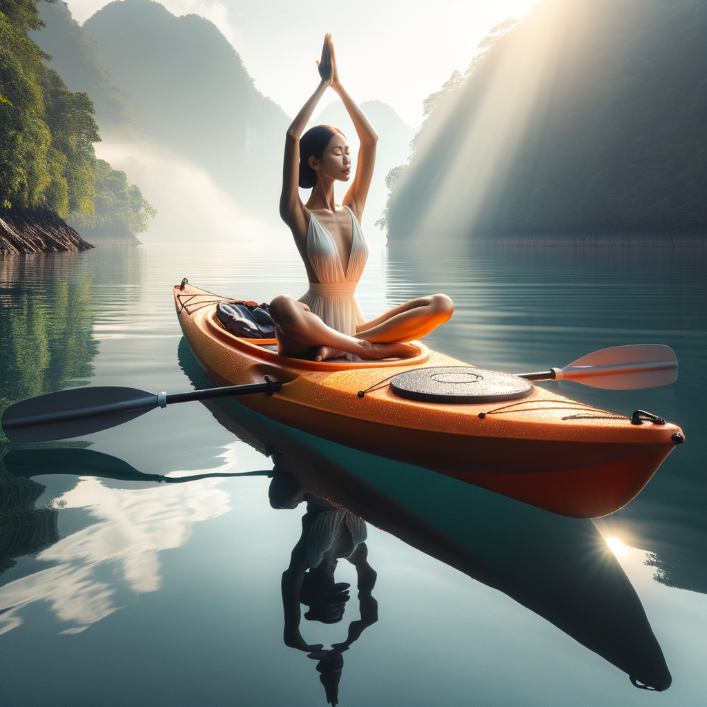 Woman demonstrating balance and serenity through Kayak Yoga, a unique blend of outdoor, aquatic yoga and kayaking on calm, glistening water