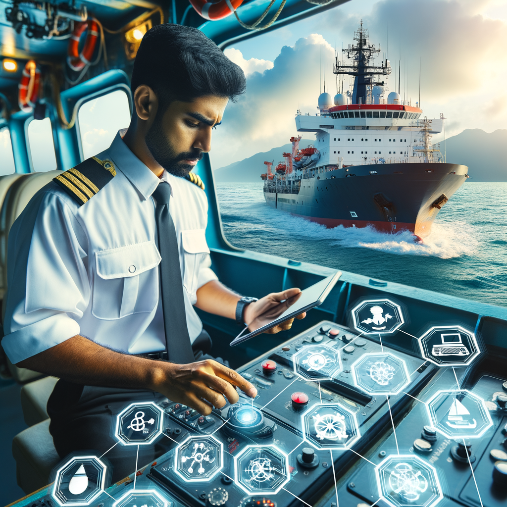 Maritime officer utilizing emergency communication technology and nautical emergency devices for water-based emergencies, highlighting the significance of maritime communication systems and marine emergency tech on water.