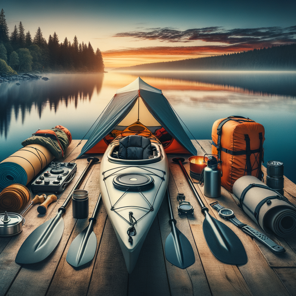 Essential kayak camping gear including kayak, tent, paddles, life vest, stove, and navigational equipment, ready for overnight trips, set against a serene lake at dusk.
