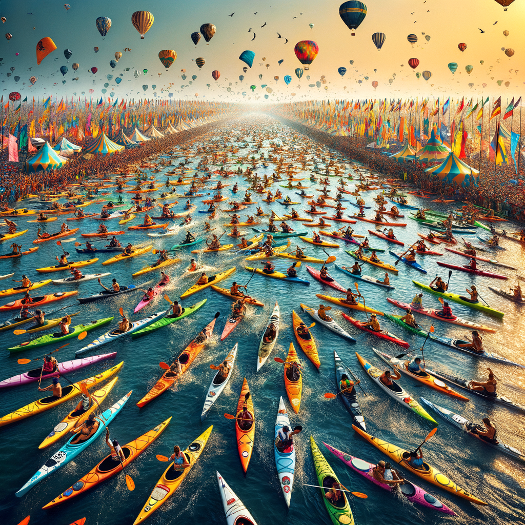 Enthusiastic kayak enthusiasts participating in vibrant paddling carnivals at a kayak festival, surrounded by colorful kayaks and festive banners representing various canoeing festivals and water sports carnivals.
