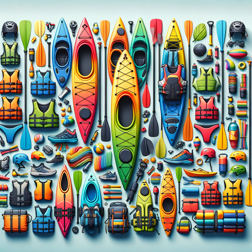 Affordable kayaking gear neatly displayed, featuring budget-friendly paddles, low-cost life vests, discounted helmets, and economical kayaks for budget kayaking equipment seekers.