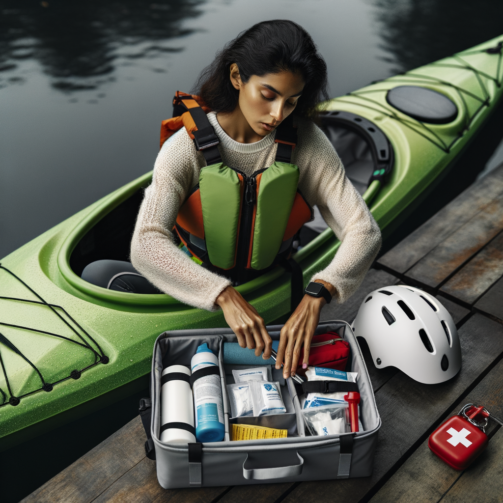 Professional kayaker demonstrating kayaking safety tips by preparing a first aid kit for kayaking, showcasing essential safety gear and first aid essentials for kayaking preparedness and emphasizing the importance of an emergency kit for kayakers.