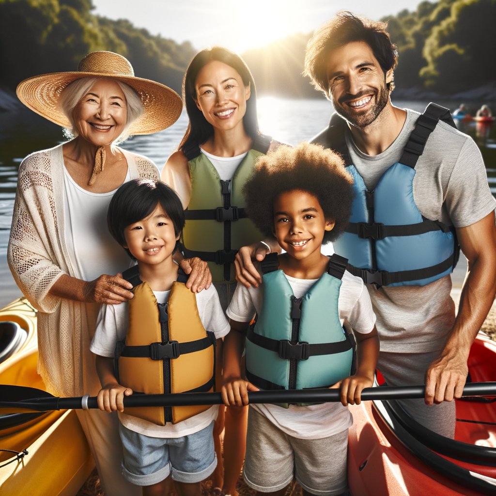 Joyful family of all ages preparing kayaks with safety gear for a fun-filled family outdoor adventure, showcasing beginner-friendly kayaking equipment and a family kayaking destination, embodying family fun activities, kayaking for all ages, and kayaking safety tips.