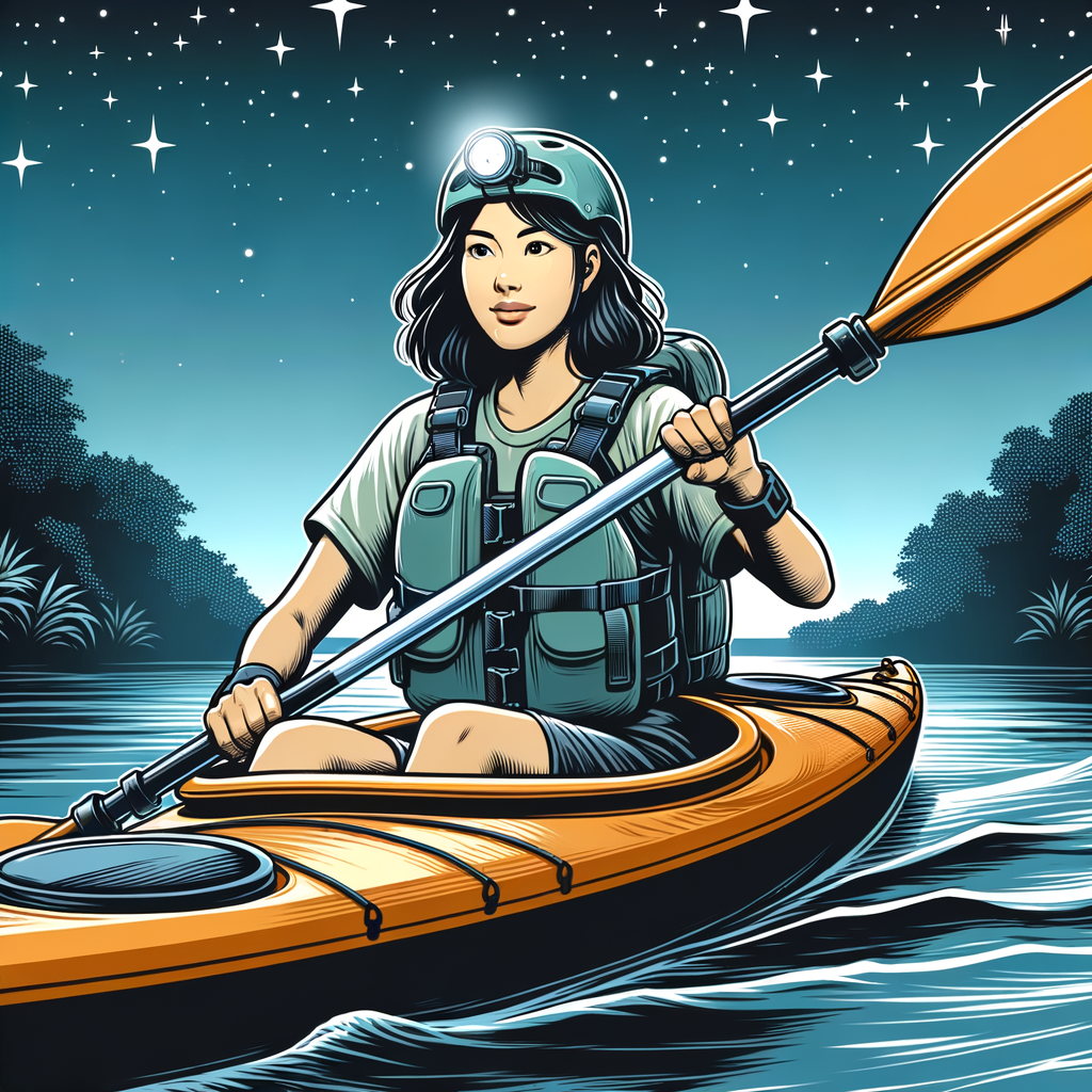 Professional kayaker demonstrating safe night paddling techniques on a serene lake under a starlit sky, equipped with kayaking equipment for night including a headlamp, for a night kayaking guide.