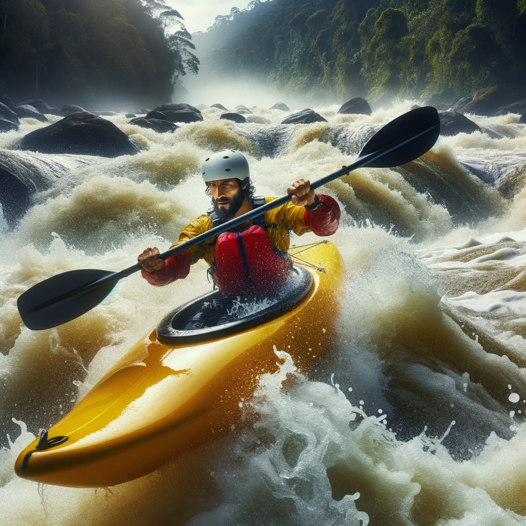 Professional kayaker demonstrating advanced kayaking skills and techniques in turbulent rapids, providing an essential river kayaking guide for mastering river runs kayaking.