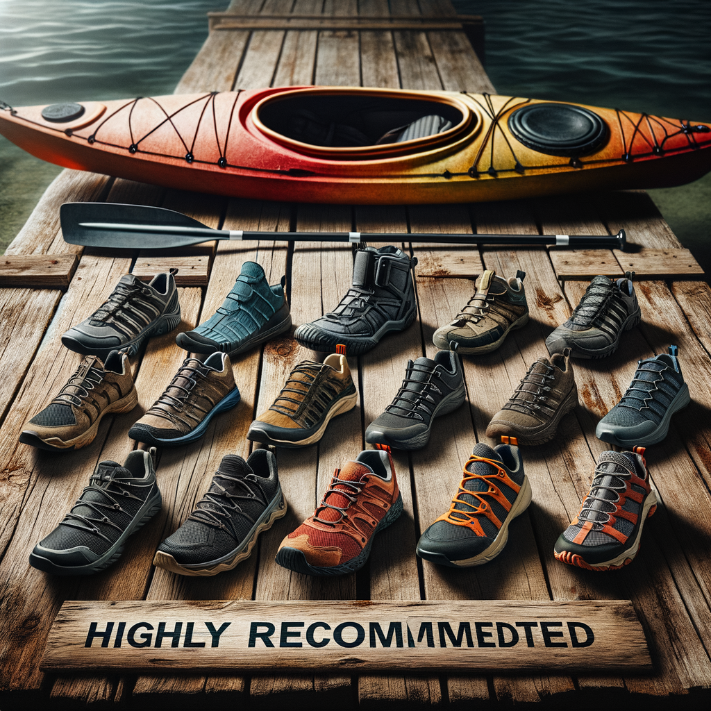 Assortment of best shoes for kayaking displayed on a dock, highlighting the importance of choosing the right kayaking footwear essentials for a successful kayak adventure.