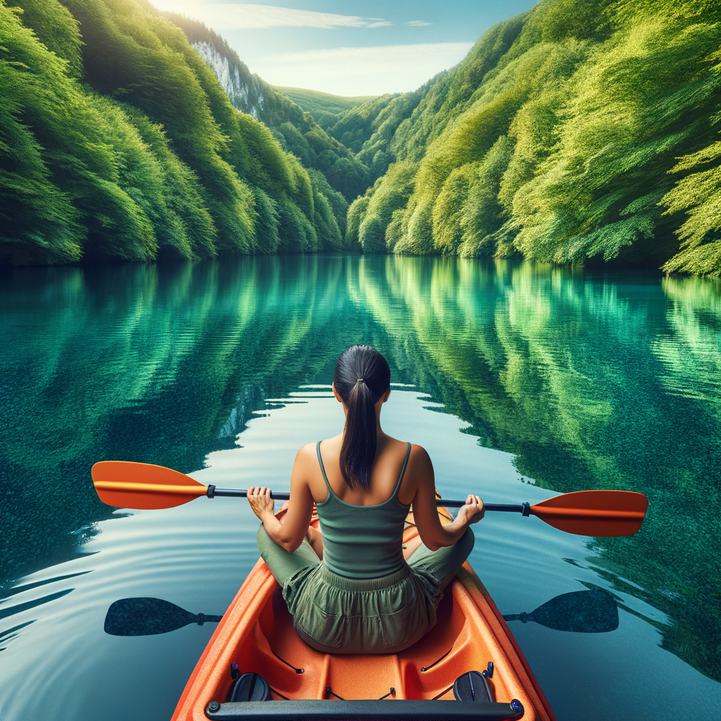 Kayaker in meditative pose on tranquil lake, embodying Zen state kayaking, demonstrating mindfulness and the benefits of kayaking for mental health, symbolizing the achievement of flow state in sports.