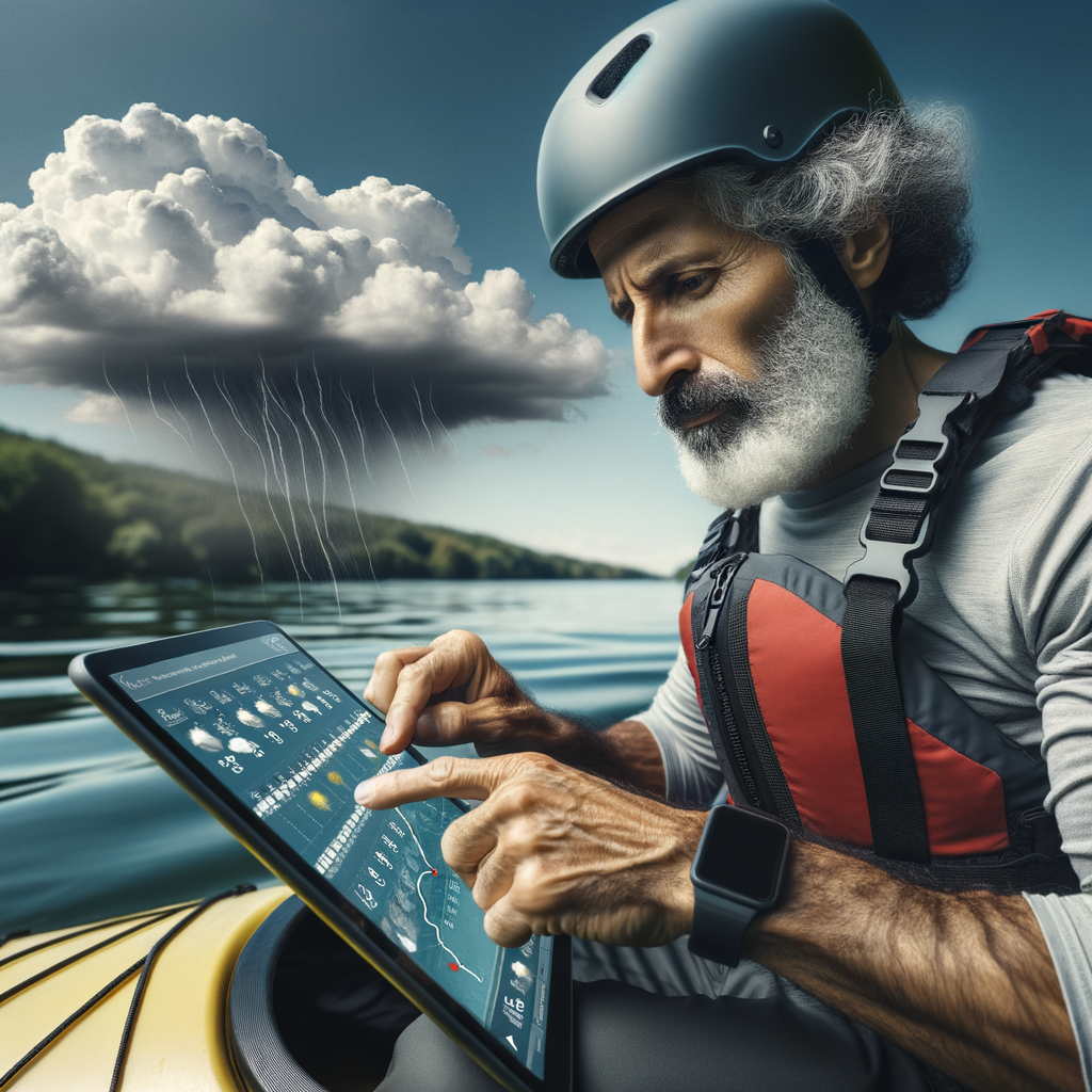 Professional kayaker studying a kayaking weather forecast on a digital tablet, illustrating the importance of understanding weather for kayaking amidst changing lake conditions.