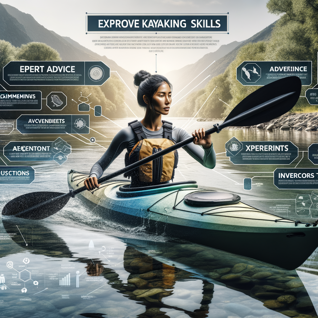 Professional kayaking instructor demonstrating advanced techniques on a serene river, providing expert advice and insights for improving kayaking skills, with background showcasing various kayaking lessons and training sessions for a comprehensive guide.