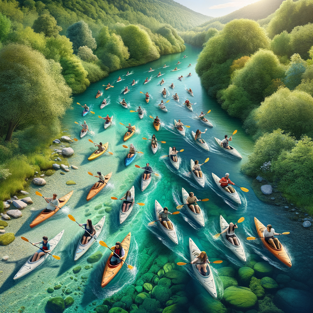 Kayakers participating in a Kayak Conservation Project, demonstrating sustainable kayaking practices and support for environmental causes in a pristine river setting.