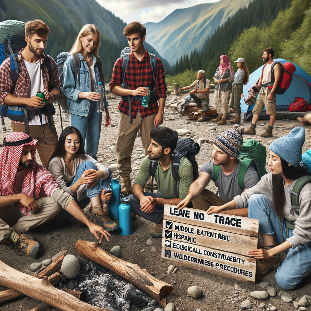 Diverse hikers practicing Leave No Trace principles and minimizing environmental impact through sustainable outdoor activities, eco-friendly hiking, and responsible outdoor behavior during a low impact camping trip, embodying environmental stewardship and nature conservation.