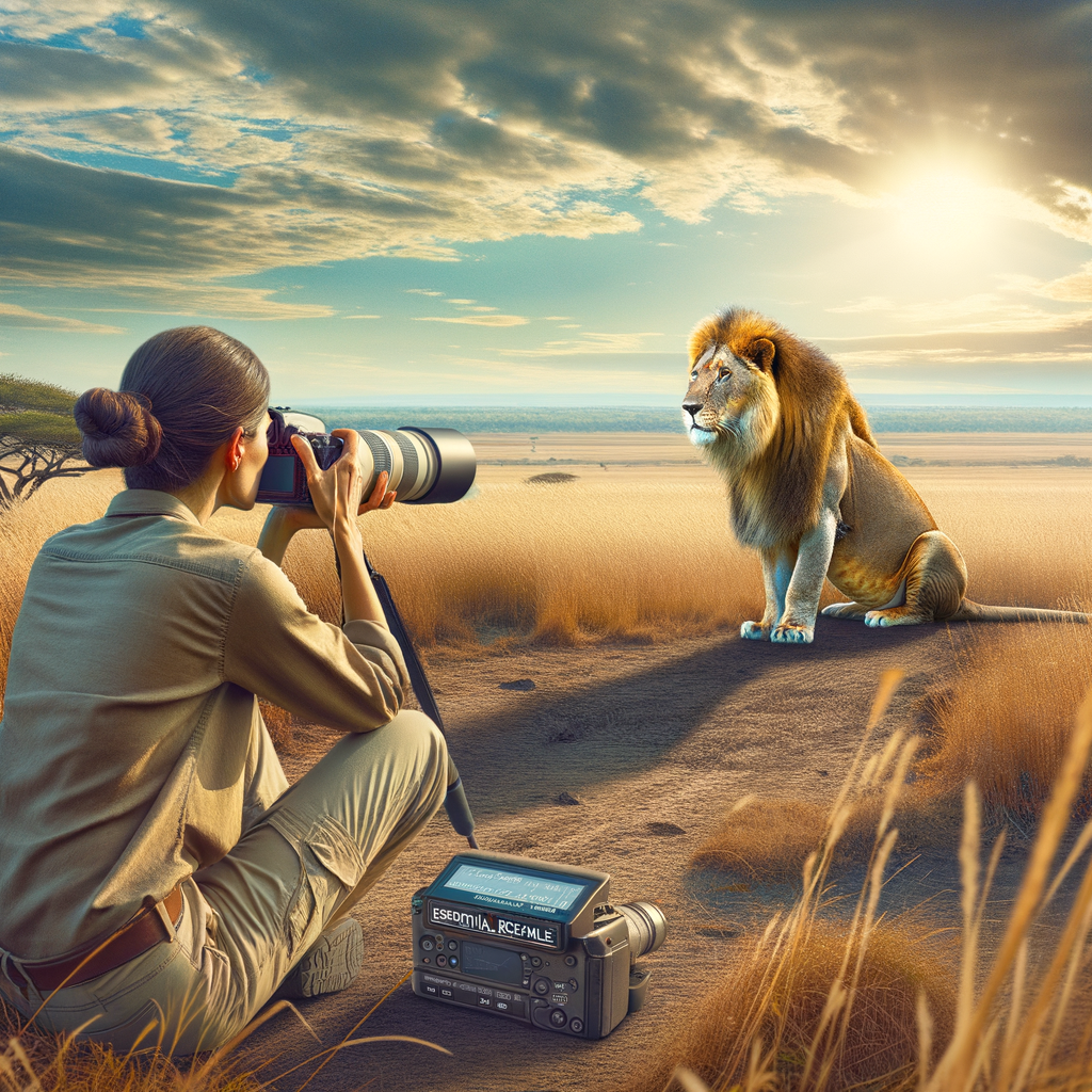 Wildlife photographer practicing ethical wildlife photography and demonstrating respectful animal encounters and wildlife conservation ethics while observing a majestic lion.