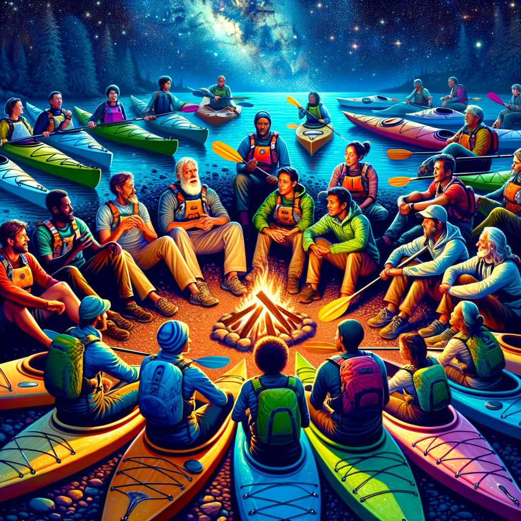 Local kayaking community sharing legends of kayaking around a campfire under a starry sky, symbolizing the bond in the kayaking community
