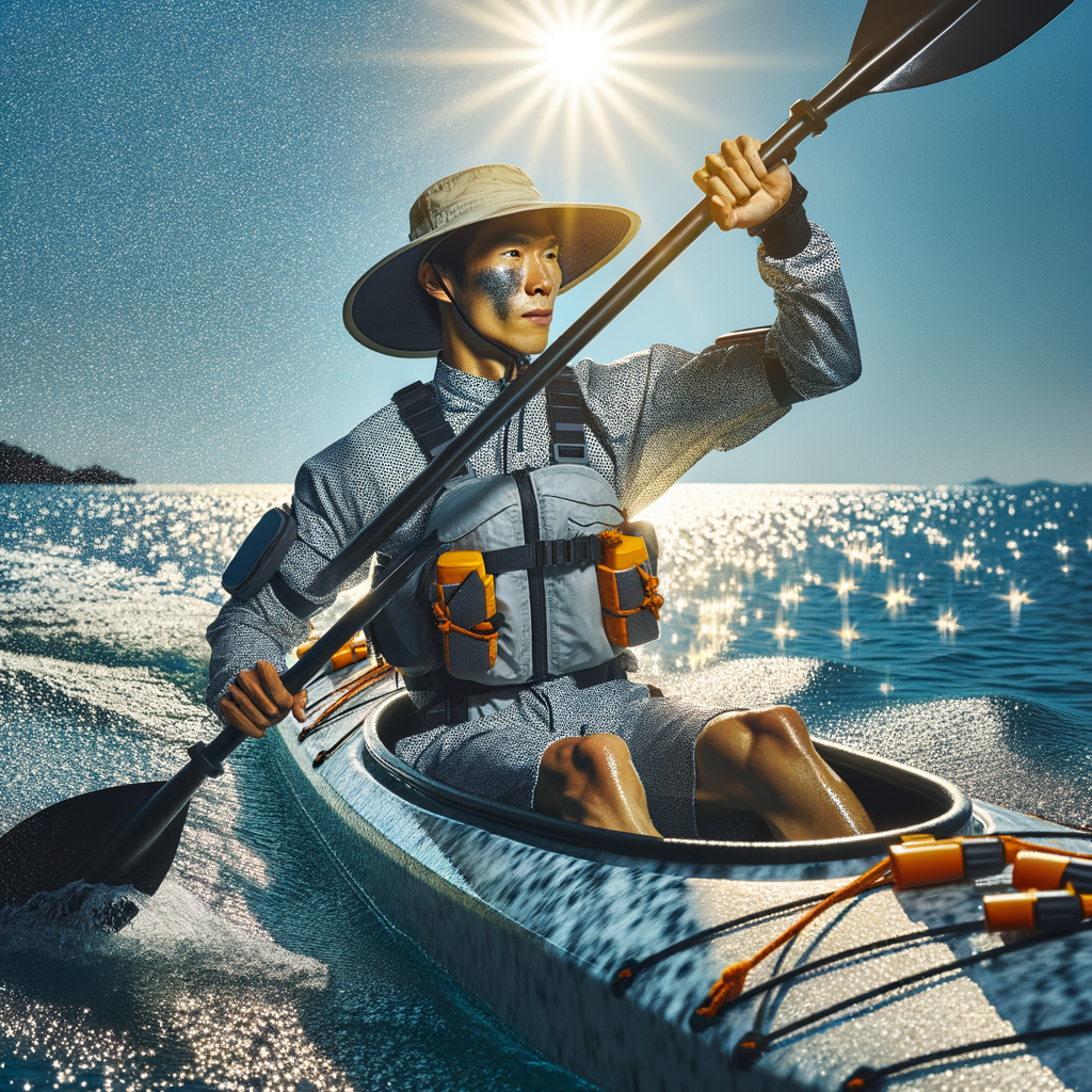 Professional kayaker wearing best sun protection clothing, UV resistant kayaking equipment, and sunscreen, demonstrating UV protection for kayakers and importance of sun protective gear for kayaking.