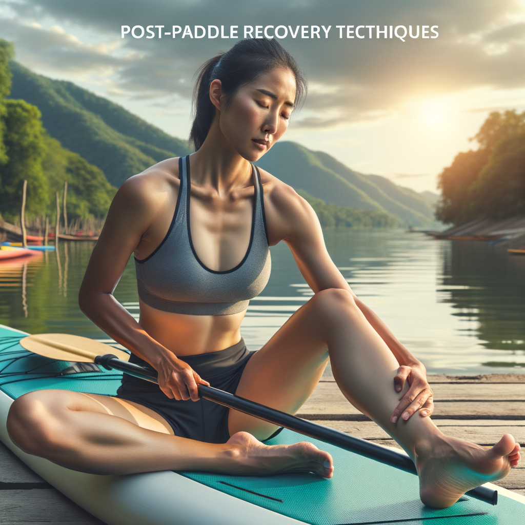 Paddle sports athlete demonstrating post-paddle recovery techniques including stretching and muscle relaxation exercises by a calm lake, providing tips for easing soreness and managing post-paddle pain.