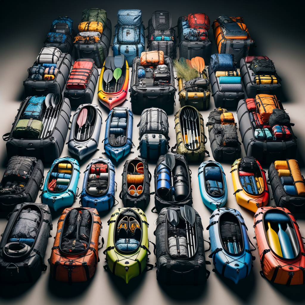 Assortment of top-rated waterproof kayak bags packed with essentials for kayaking, demonstrating their durability and design for outdoor trips, a vital part of kayaking gear and trip essentials.
