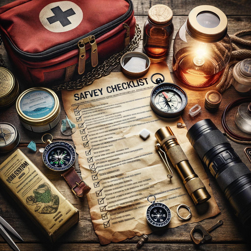 Essential travel safety gear including first aid kit, compass, flashlight, and water purification tablets on a table with a visible safety checklist for travel, highlighting the importance of each item for every trip.