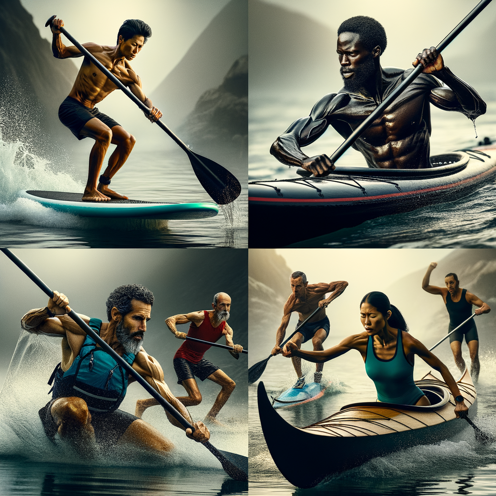 Athletes demonstrating Paddle Power in various paddle sports like paddle boarding, canoeing, and kayaking for building strength and endurance training exercises.