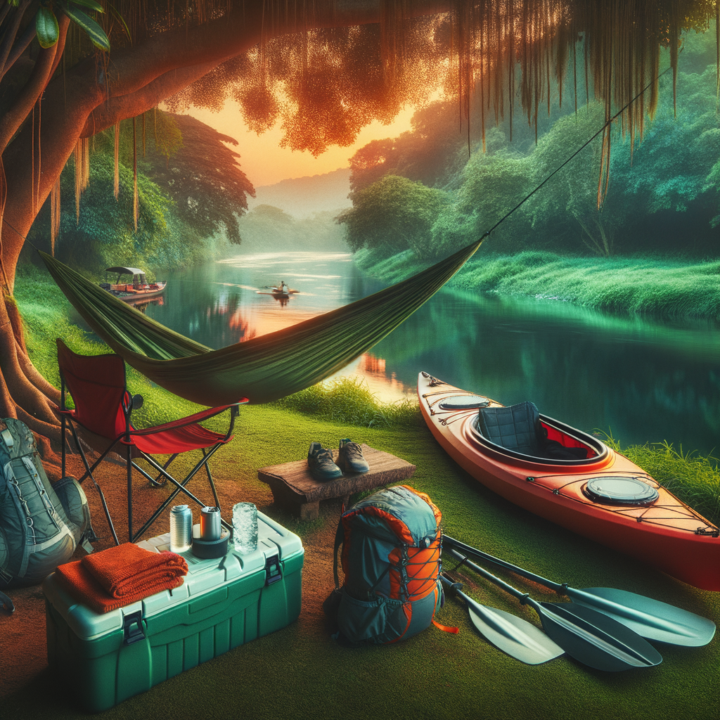 Assortment of kayak camping gear and relaxation equipment for kayaking, including a hammock, camping chair, and cooler, illustrating comfortable kayak camping comforts and relaxation tools for kayak camping.